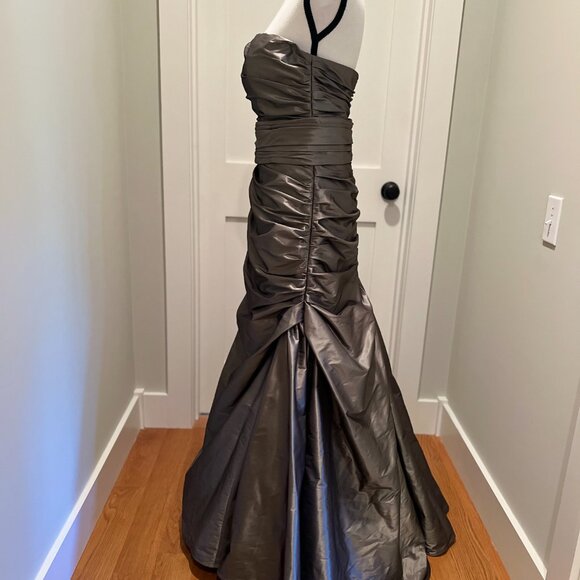 Metallic Silver Taffeta Formal Gown - Strapless, Crystal Detail, Size 10 - Picture 2 of 13